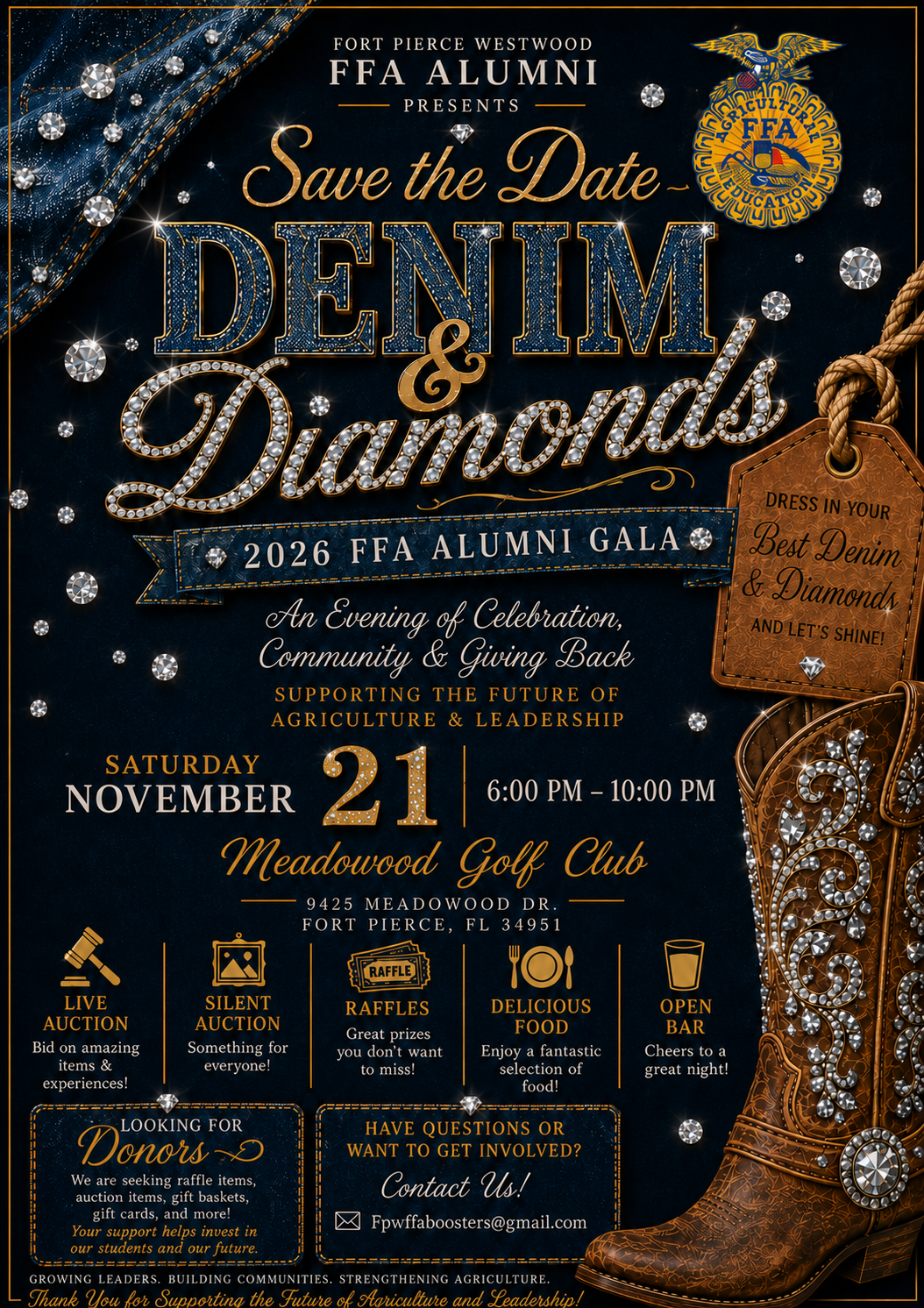 Corrected Denim and Diamonds 2026 FFA Alumni Gala save the date flyer